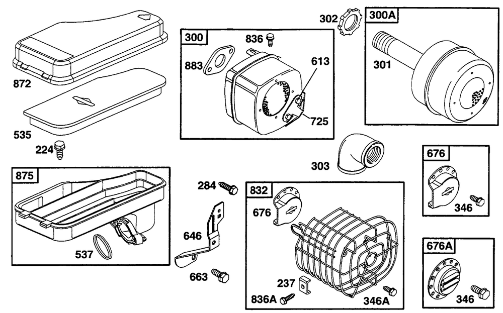 Air Cleaner Grp, Muffler Grp Diagram and Parts List for 254707-0138-XX  Briggs and Stratton Engine